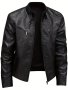 Trendy Design Men's Solid PU Leather Stand Collar Zip Up Long Sleeve Motorcycle Jacket Chic And Stylish Jacket For Autumn And Winter Outdoors Activities