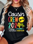 Women's "cousin Crew 2024" Graphic T-Shirt Colorful Print With Sun And Palm Design Round Neck Short Sleeve Tee Casual Sporty Top