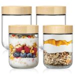 Netany 4-PACK 16OZ Glass Jars With Airtight Lids Overnight Oats Containers With Bamboo Lids Wide Mouth Mason Salad Jars Glass Fo