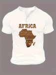 Africa Map Pattern Print Men's Short Sleeve Henley T-Shirt Casual Henley Tees Summer Trendy Breathable & Comfortable Top For Eve