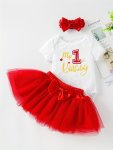 Baby Girls "first Birthday" Onesie & Mesh Princess Skirt & Headband Short Sleeves Baby Clothes