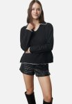 Crochet Embroidery Corduroy Shirt Collar Knitted Blouse - Black