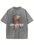 Vintage Alphabet And Blindfolded Woman Pattern Print 100% Cotton Crew Neck Short Sleeve T-Shirt For Men Casual Summer T-Shirt Fo