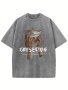 Vintage Alphabet And Blindfolded Woman Pattern Print 100% Cotton Crew Neck Short Sleeve T-shirt For Men Casual Summer T-Shirt For Daily Wear And Vacation Resorts