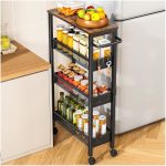 Vivihomety Utility Slim Storage Cart With Wheels 4 Tier Small Rolling Cart With Wood Top Metal Kitchen Bathroom Laundry Room Org