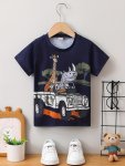 Cartoon Animal Car Print T-Shirt Casual Short Sleeve Creative Versatile Top Boy's Spring Summer Clothing