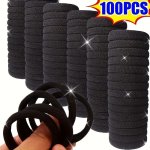 100PCS Black Elastic Hair Ties For Girls - Durable Rubber Ponytail Holders & Bun Clips All-season Polyester Hair Accessories Kni