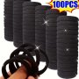 100pcs Black Elastic Hair Ties For Girls - Durable Rubber Ponytail Holders & Bun Clips All-Season Polyester Hair Accessories Knit Design Solid Color -