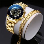 2PCS SET Men's Fashion Three Eyes Six Needle Business Quartz Watch & Bracelet