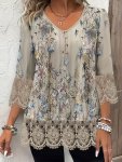 Plus Size Floral Print Lace Stitching T-Shirt Casual V Neck 3 4 Sleeve T-Shirt Women's Plus Sizeclothing