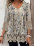 Plus Size Floral Print Lace Stitching T-Shirt Casual V Neck 3/4 Sleeve T-Shirt Women's Plus SizeClothing