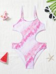 Girl's Tie-dye Pattern One-piece Swimsuit Quick-drying Waist Cut-out Design Bathing Suit Girl's Swimwear For Summer Beach Holida