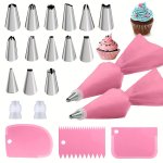 21PCS/SET Pink Piping Tip Baking Set With 14 Piping Tips 2 Converters 2 Piping Bags And 3 Icing Spatulas. Cake Decoration Nozzle