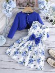 1 Set Girls Outfit Elegant Bow Floral Sleeveless Dress + Ruffle Trim Long Sleeve Cardigan - Fashion & Comfy 2PCS Spring fall Clo