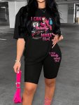 Graphic Print Two-piece Set Casual Short Sleeve Crew Neck T-Shirt & Skinny Shorts Outfits Women's Clothing