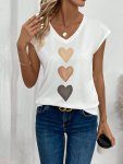 Heart Print V Neck T-Shirt Casual Cap Sleeve Top For Spring & Summer Women's Clothing