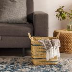 Square Seagrass Basket Abstract Line With Handles Midnight Blue - Large 32X32X32CM