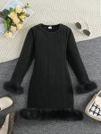 Tween Girls Stylish & Elegant Long Sleeve Faux Furry Hem Ribbed Dress For Spring & Fall Outdoors