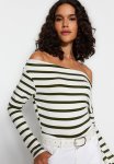 Striped Premium Soft Fabric Fitted Boat Neck Flexible Blouse - Khaki