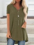 Solid Longline T-Shirt V Neck Short Sleeve T-Shirt Casual Every Day Tops Women's Clothing