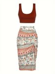 Casual Two-piece Set Solid Sleeveless Backless Crop Top & Floral Print Drawstring Split Dress Outfits Women's Clothing