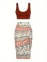 Casual Two-piece Set Solid Sleeveless Backless Crop Top & Floral Print Drawstring Split Dress Outfits Women's Clothing