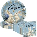 Eobecy 50 Pcs Easter Party Supplies 25 Large Hydrangea Bunny Dinner Plates & 25 Matching Disposable Napkins Spring Rabbit Floral