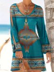 Aztec Print Ethnic Split Sleeve Dress Boho Vintage V Neck MINI Dress Women's Clothing