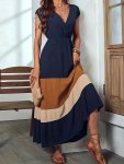 Color Block Surplice Neck Dress Elegant Sleeveless Maxi Dress Women's Clothing For Elegant Dressing