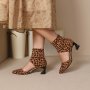 Women's Leopard Pattern Boots Back Zipper Comfy Chunky Heel Hollow Out Boots Casual Point Toe Lightweight Shoes