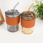 400ML Coffee Cup Sipper Glass Tumbler With Lid And Straw - Grey