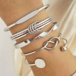 5PCS SET Exquisite Knotted Round Piece Creative Silver Color Cuff Bangle Bracelet Hand Jewelry Ornament