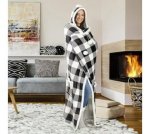Fluffy Fleece Unisex Oversize Hooded Blanket - White And Black