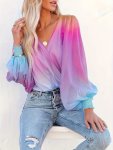 Gradient Color V-neck Loose Blouse Versatile Lantern Sleeve Blouse For Spring & Fall Women's Clothing