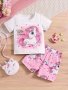 Baby Girls Spring Summer Cartoon Unicorn Print Short-sleeve T-Shirt + Shorts Fashion Suit New Style Two-piece Loungewear Set