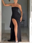 Solid Ruched High Split Tube Dress Elegant Asymmetrical Hem Dress For Party & Banquet Women's Clothing For Party Dressing
