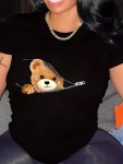 Bear Print Crew Neck T-Shirt Casual Short Sleeve T-Shirt For Spring & Summer Women's Clothing