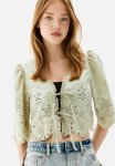 Cropped Broderie Anglaise Blouse - Light Khaki Green
