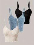 3PCS Ribbed Spaghetti Strap Tank Top Casual Sleeveless Tank Top For Summer Women's Clothing