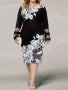 Plus Size Elegant Dress Women's Plus Floral Print Contrast Mesh Bell Sleeve Round Neck Bodycon Midi Dress