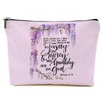 Bible Verse Makeup Bag For Women Purple Flower Portable Travel Organizer Toiletry Cosmetic Bag With Zipper Roomy Makeup Bags Ski