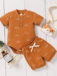 2-PIECE Baby Girls Boys Summer Short Sleeve Cotton Outfit Set Casual Striped Print Romper With Matching Shorts Comfortable & Fre