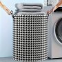 Houndstooth Foldable Laundry Hamper - Versatile Clothes & Toy Organizer No Batteries Needed Round Fabric Basket With Handles For Bedroom Bathroom Dorm Storage