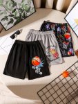 3-PIECE Basketball Print Boys Casual Lightweight Elastic Waist Shorts Comfy Breathable Sports Shorts For Training Running Hiking