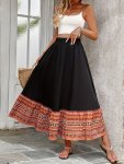 Tribal Print Splice Ankle Length Skirt Vacation Elastic Waist Loose Skirt Women's Clothing