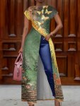 Floral & Butterfly Print Crew Neck Tunics Vintage Cap Sleeve Split Hem Maxi Top Women's Clothing