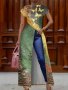 Floral & Butterfly Print Crew Neck Tunics Vintage Cap Sleeve Split Hem Maxi Top Women's Clothing