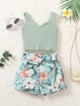 Girls 2PCS SET Solid Color Tank + Floral Shorts - Spring summer Clothes Casual Outing Party Gift
