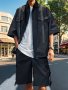 Men's Casual Lapel Collar Graphic T-Shirt And Shorts Co Ord Set In Solid Color For Summer Daily Wear