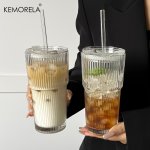 Kemorela Striped Glass Cup With Lid - Large Capacity Reusable For Cold Drinks Juice & Coffee - Perfect For Home Office And Holid